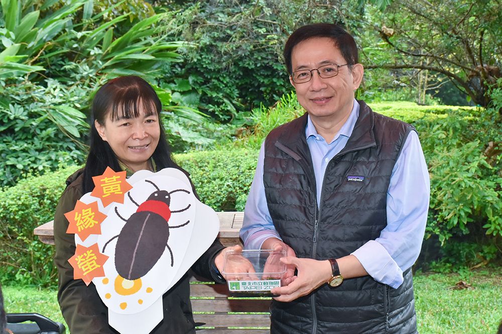 Image1:The National Taiwan University and the Taipei Zoo collaborated on the campus firefly restoration project. The Zoo generously donated 1,200 larvae of Aquatica ficta to the University, for the release into the wild in the National Taiwan University Experimental Farm. Photographed together were the National Taiwan University President, Dr. Chung-Ming Kuan (to the right), and the Taipei Zoo Deputy Director Lucia Ju (to the left).