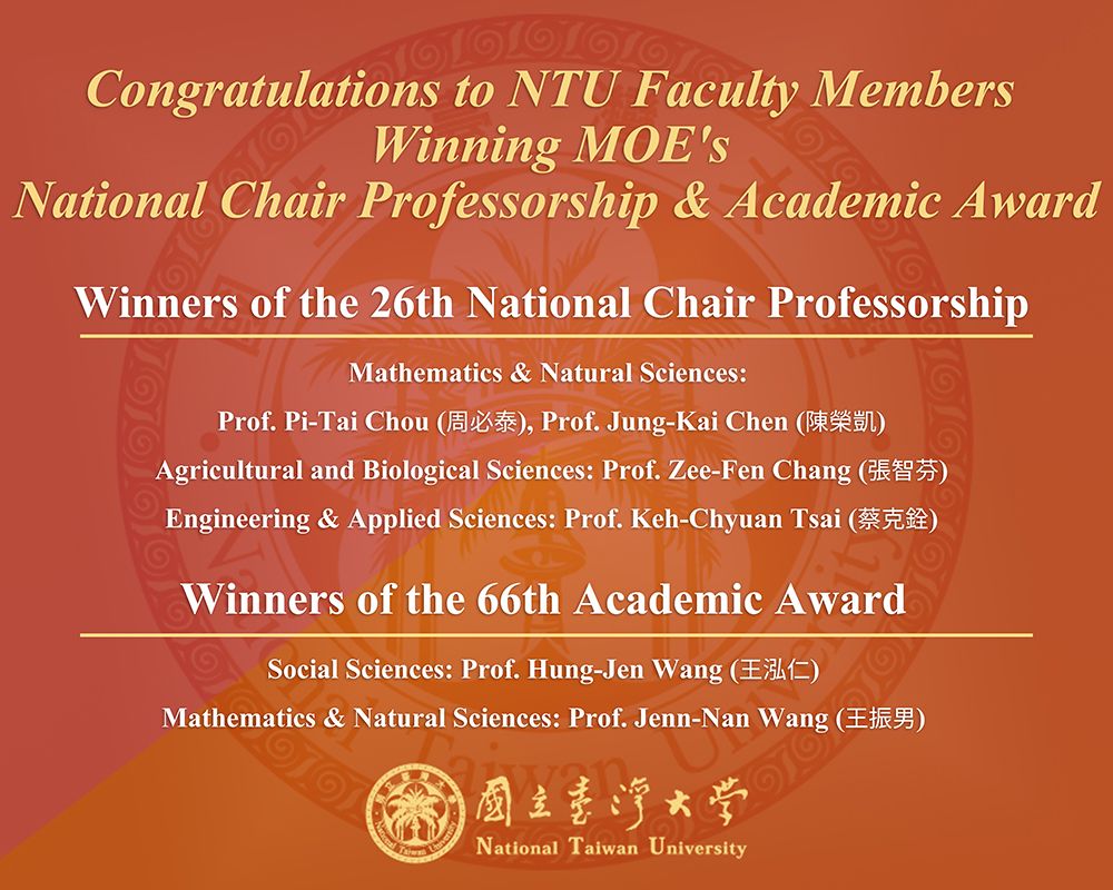 NTU Faculty Awarded National Chair Professorships and Academic Awards-封面圖